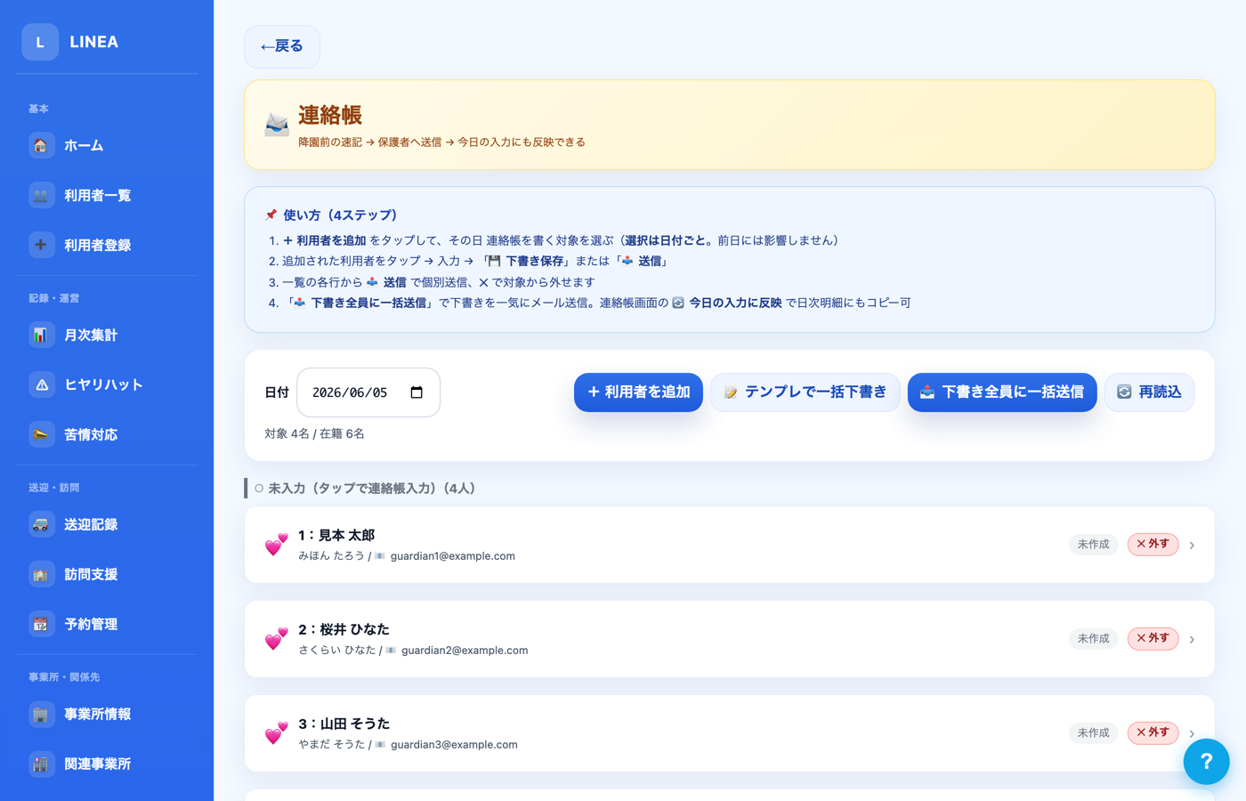 LINEAの連絡帳 画面。活動・食事・睡眠・体調などを記録し、保護者向けメッセージをAIが下書きできる